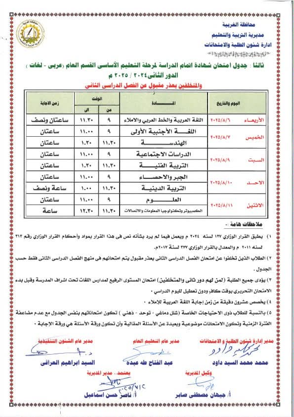 تفاصيل جدول امتحانات الدور الثاني للشهادة الإعدادية بالغربية تفاصيل جدول امتحانات الدور الثاني للشهادة الإعدادية بالغربية