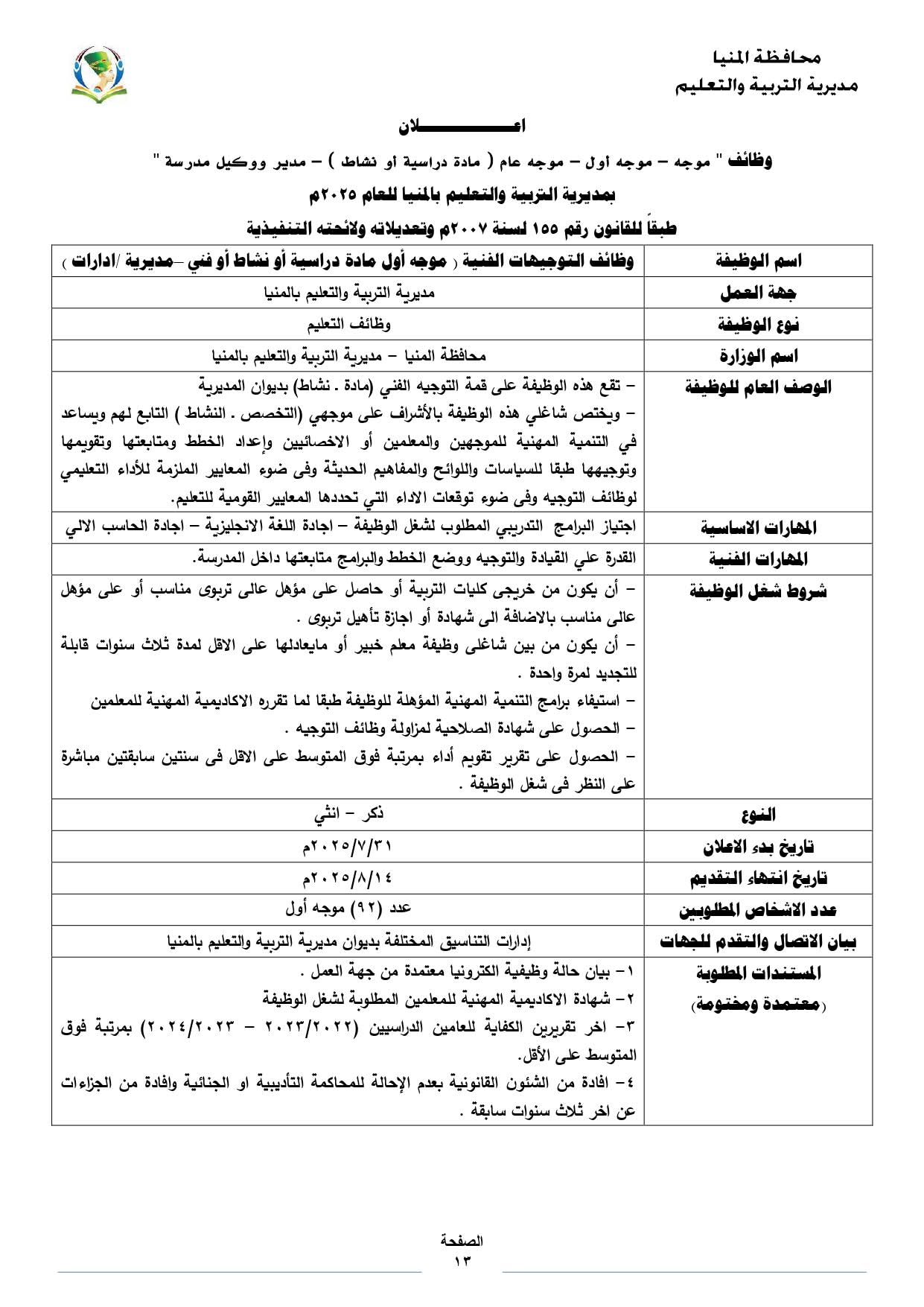تفاصيل الوظائف الإشرافية بمنيا 2025 تفاصيل الوظائف الإشرافية بمنيا 2025
