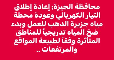 إعادة التيار الكهربائي وضخ المياه تدريجياً في محافظة الجيزة بعد الانقطاع