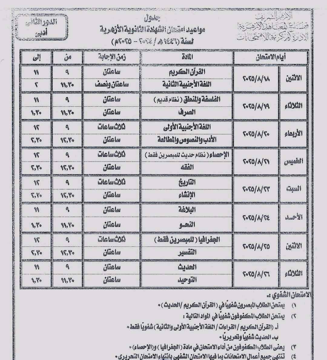 جدول الدور الثاني للثانوية الأزهرية (1)