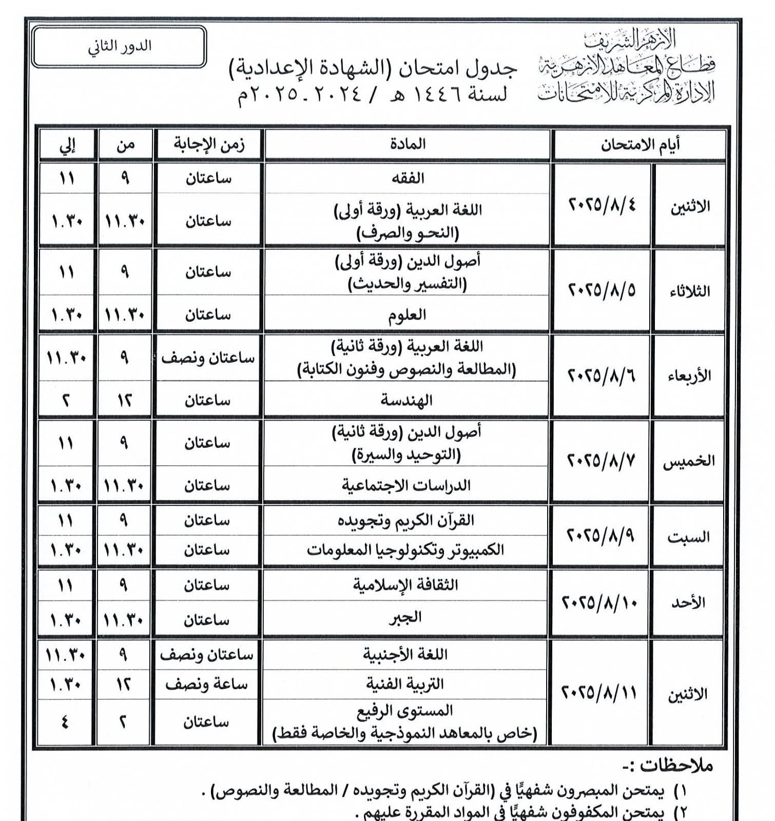 جدول امتحانات الشهادة الإعدادية الأزهرية 2025 جدول امتحانات الشهادة الإعدادية الأزهرية 2025