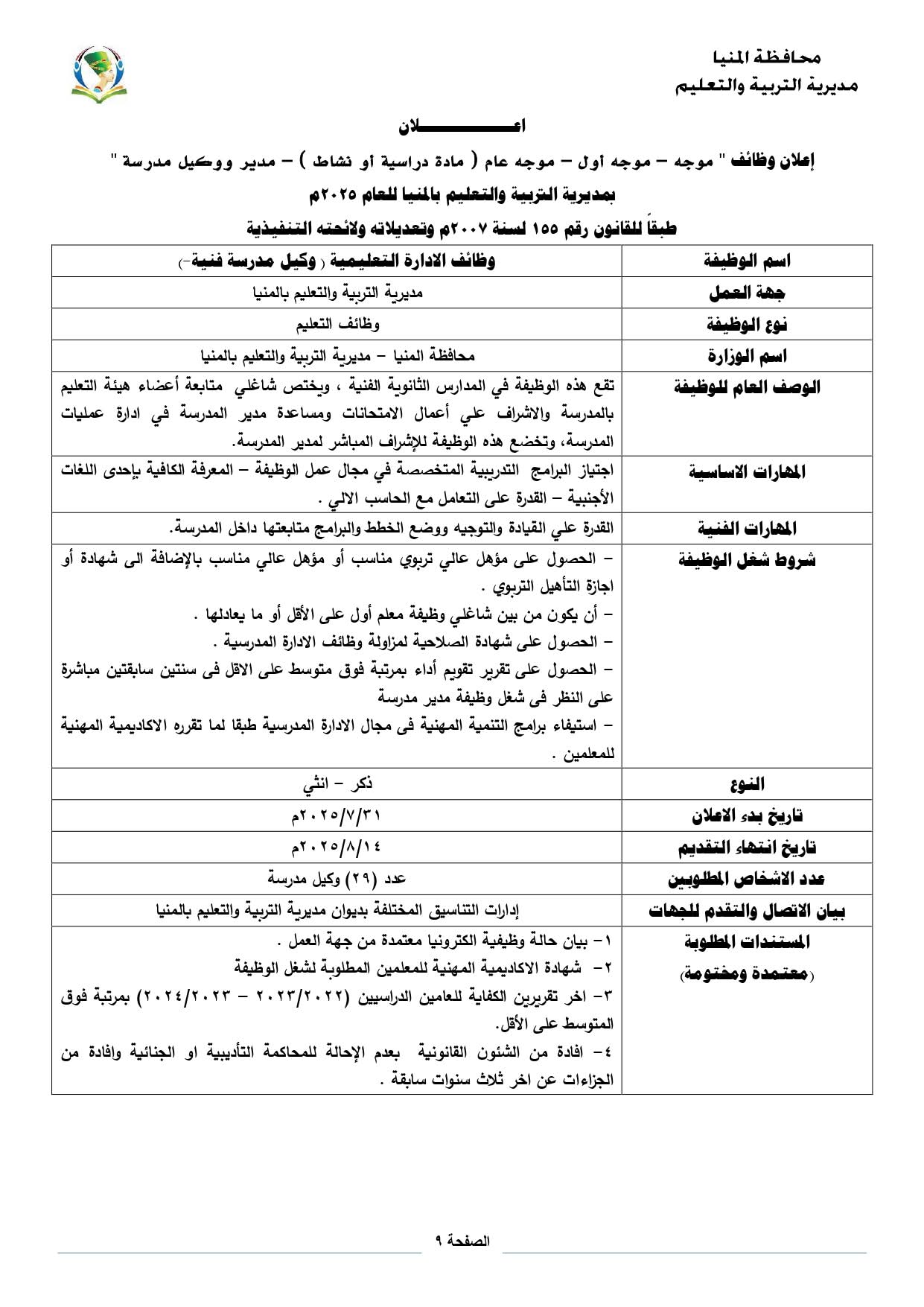 شروط التقديم للوظائف الإشرافية بمنيا 2025 شروط التقديم للوظائف الإشرافية بمنيا 2025
