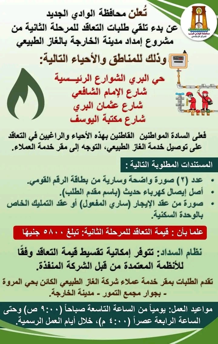 صورة توضيحية لمشروع الغاز الطبيعي بمدينة الخارجة